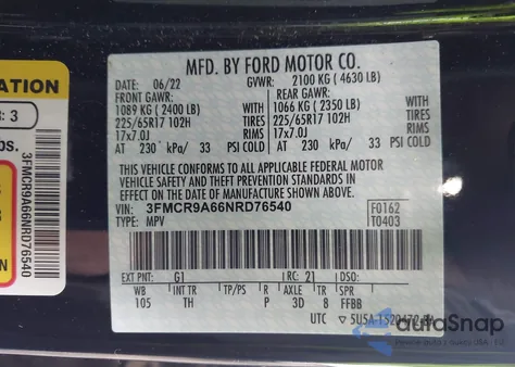 2022 Ford Bronco Sport from USA, damaged, VIN 3FMCR9A66NRD76540